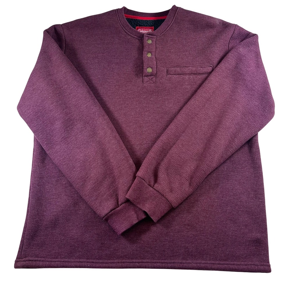 Coleman Mens XL Burgundy Waffle Knit Sherpa Lined Henley Shirt Camping Warm